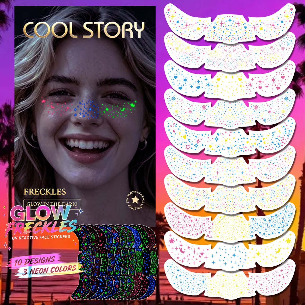8 Sheets Glitter Freckles Holographic Stickers-Accessories for Party Festival Daily Makeup