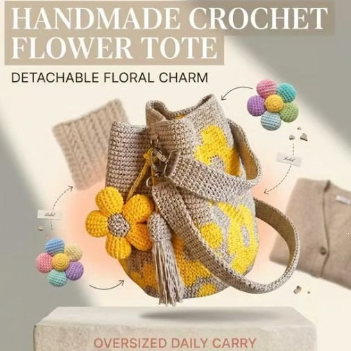 Handmade Flower Crochet Bucket Bag, Bohemian Drawstring Shoulder Purse