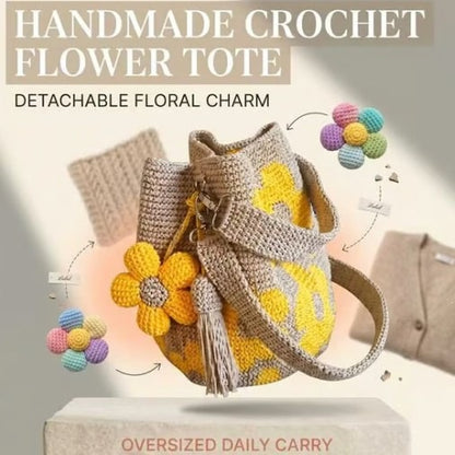Handmade Flower Crochet Bucket Bag, Bohemian Drawstring Shoulder Purse
