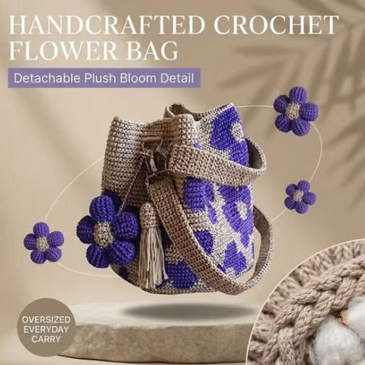 Handmade Flower Crochet Bucket Bag, Bohemian Drawstring Shoulder Purse
