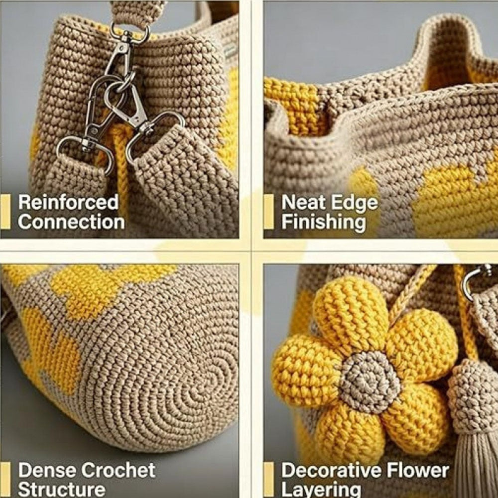Handmade Flower Crochet Bucket Bag, Bohemian Drawstring Shoulder Purse