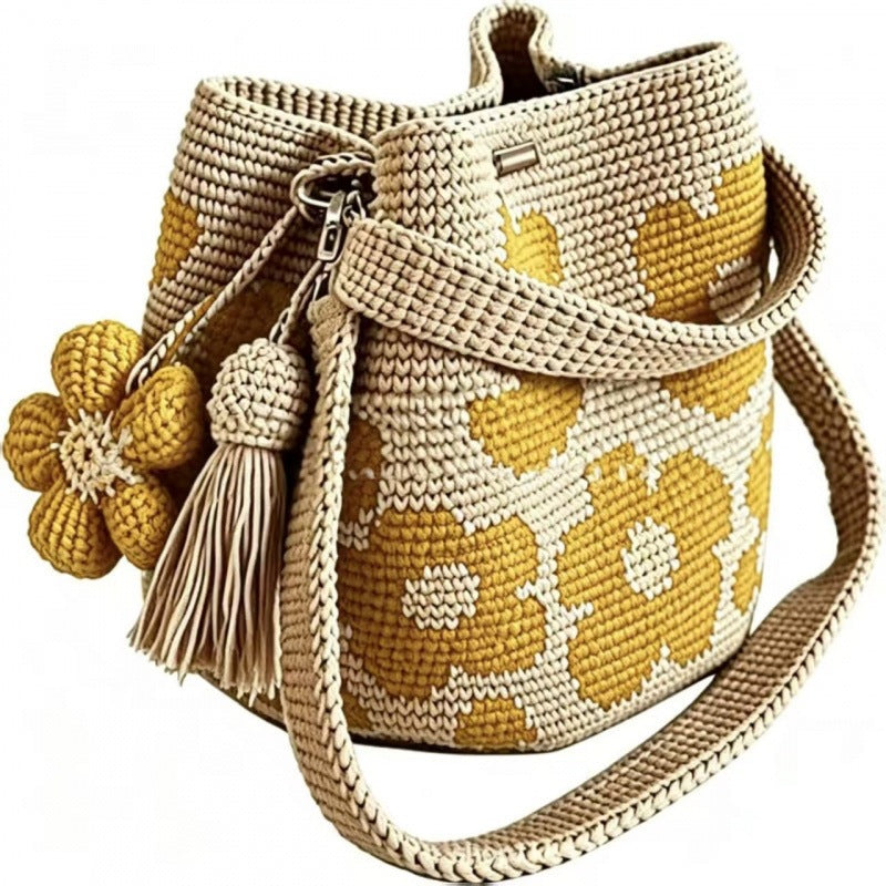 Handmade Flower Crochet Bucket Bag, Bohemian Drawstring Shoulder Purse