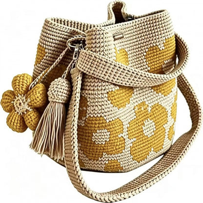 Handmade Flower Crochet Bucket Bag, Bohemian Drawstring Shoulder Purse