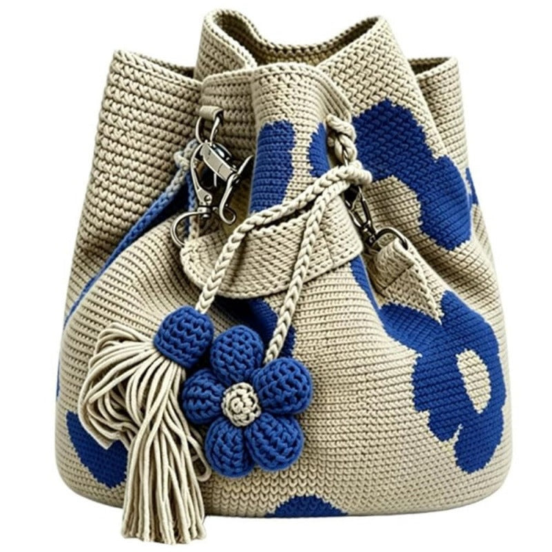 Handmade Flower Crochet Bucket Bag, Bohemian Drawstring Shoulder Purse