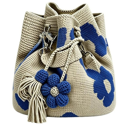 Handmade Flower Crochet Bucket Bag, Bohemian Drawstring Shoulder Purse