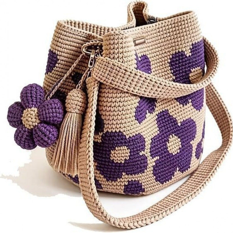 Handmade Flower Crochet Bucket Bag, Bohemian Drawstring Shoulder Purse