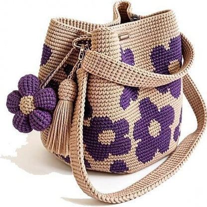 Handmade Flower Crochet Bucket Bag, Bohemian Drawstring Shoulder Purse