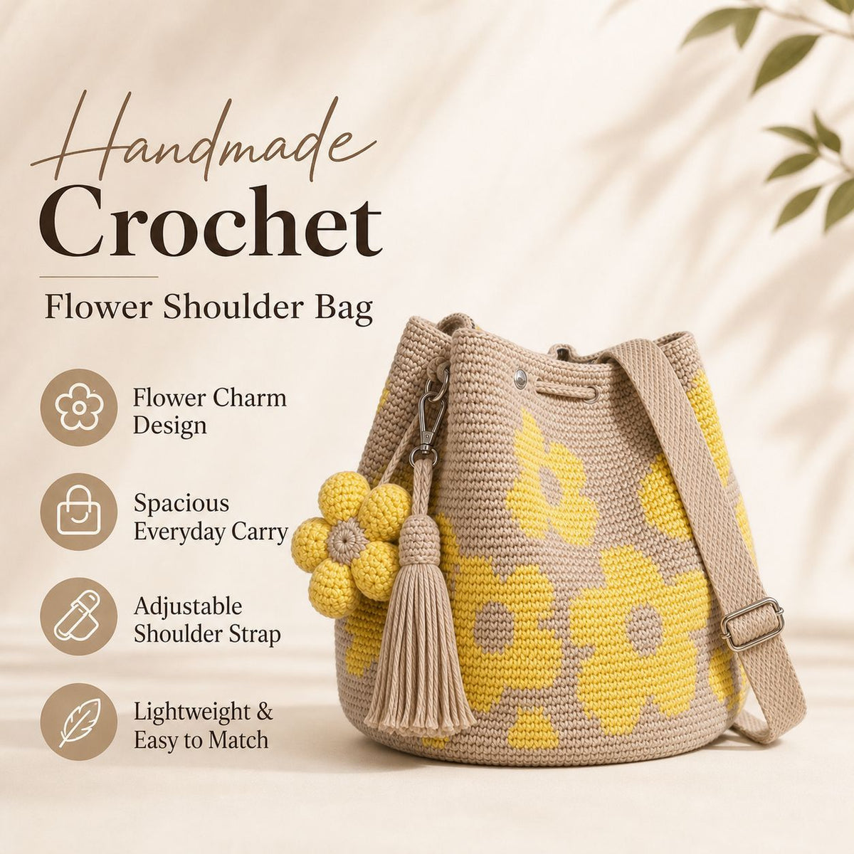 Handmade Flower Crochet Bucket Bag, Bohemian Drawstring Shoulder Purse
