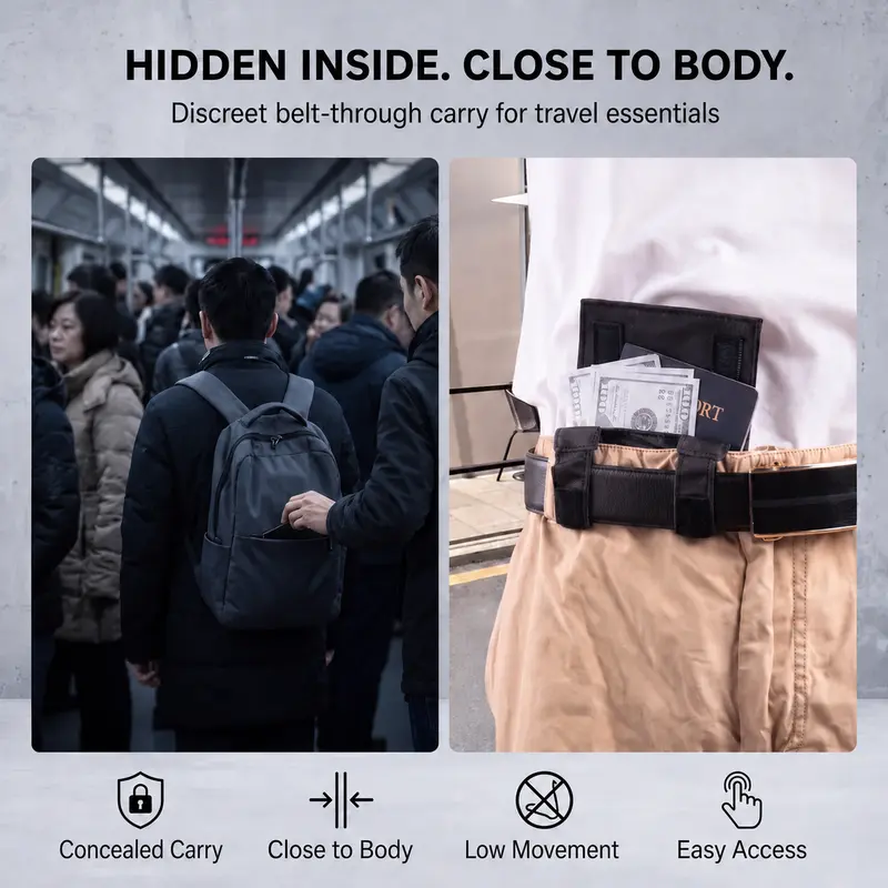Hidden Travel Belt Wallet，Discreet Under-Clothes Waist Storage for Cash, Cards, ID & Phone