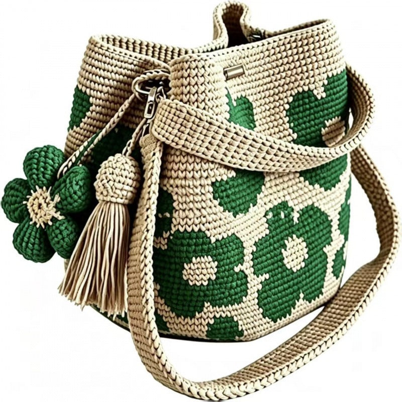 Handmade Flower Crochet Bucket Bag, Bohemian Drawstring Shoulder Purse
