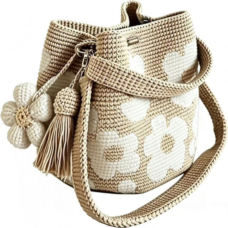 Handmade Flower Crochet Bucket Bag, Bohemian Drawstring Shoulder Purse
