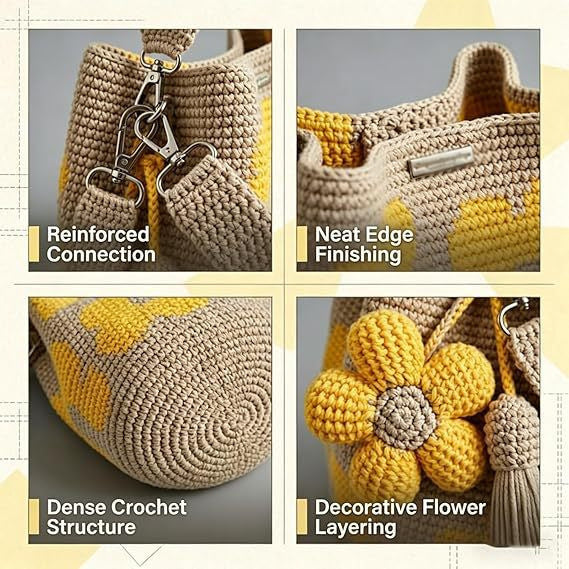 Handmade Flower Crochet Bucket Bag, Bohemian Drawstring Shoulder Purse