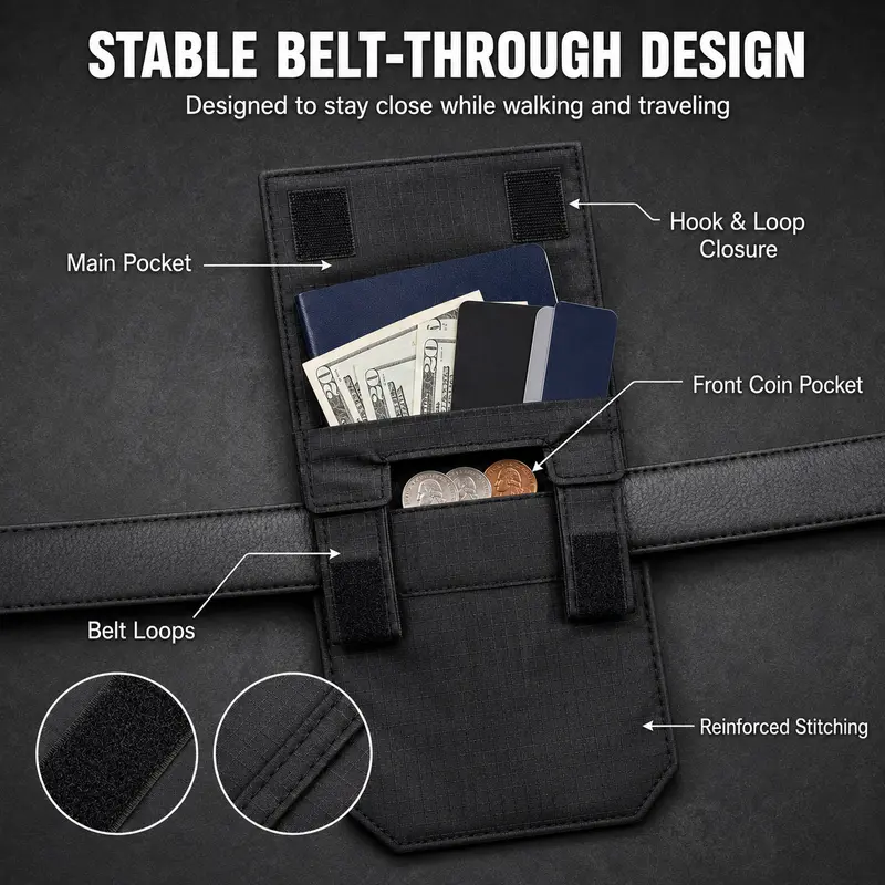 Hidden Travel Belt Wallet，Discreet Under-Clothes Waist Storage for Cash, Cards, ID & Phone
