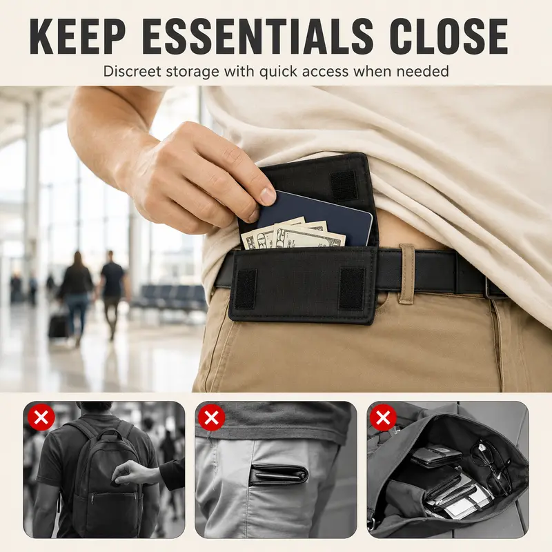 Hidden Travel Belt Wallet，Discreet Under-Clothes Waist Storage for Cash, Cards, ID & Phone