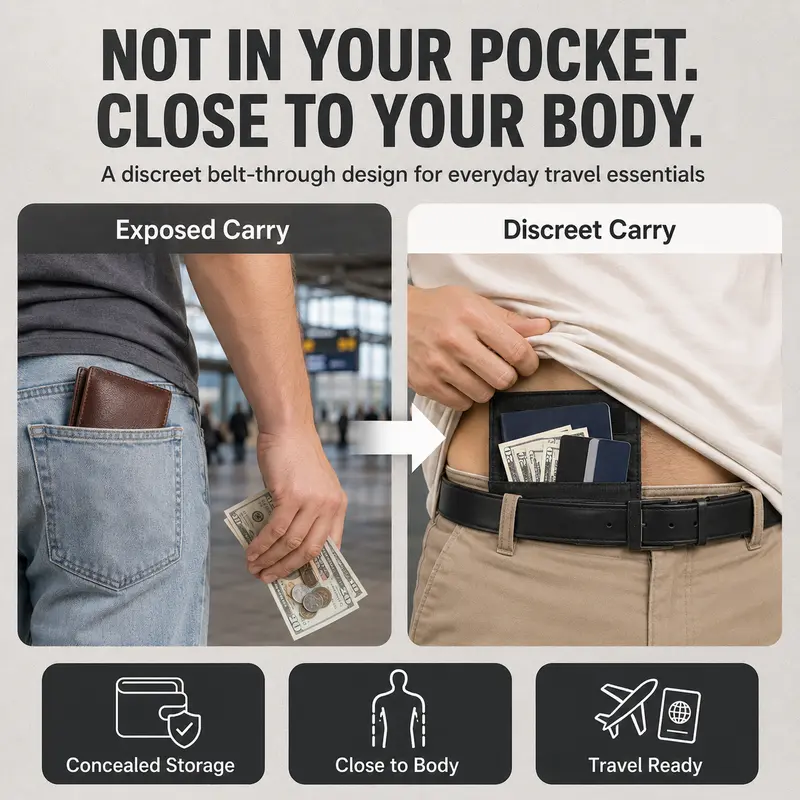 Hidden Travel Belt Wallet，Discreet Under-Clothes Waist Storage for Cash, Cards, ID & Phone