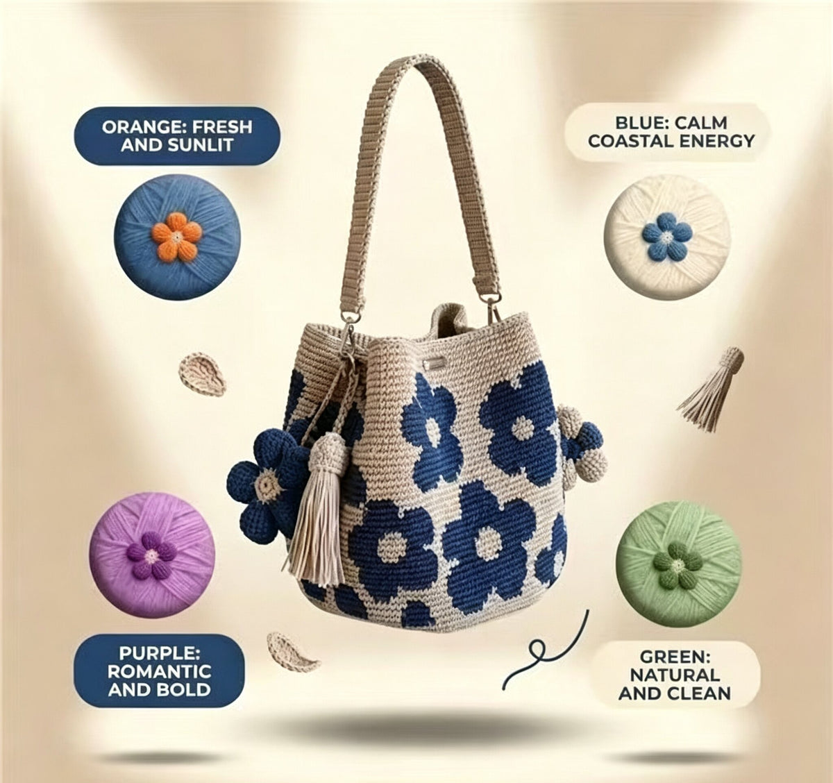 Handmade Flower Crochet Bucket Bag, Bohemian Drawstring Shoulder Purse