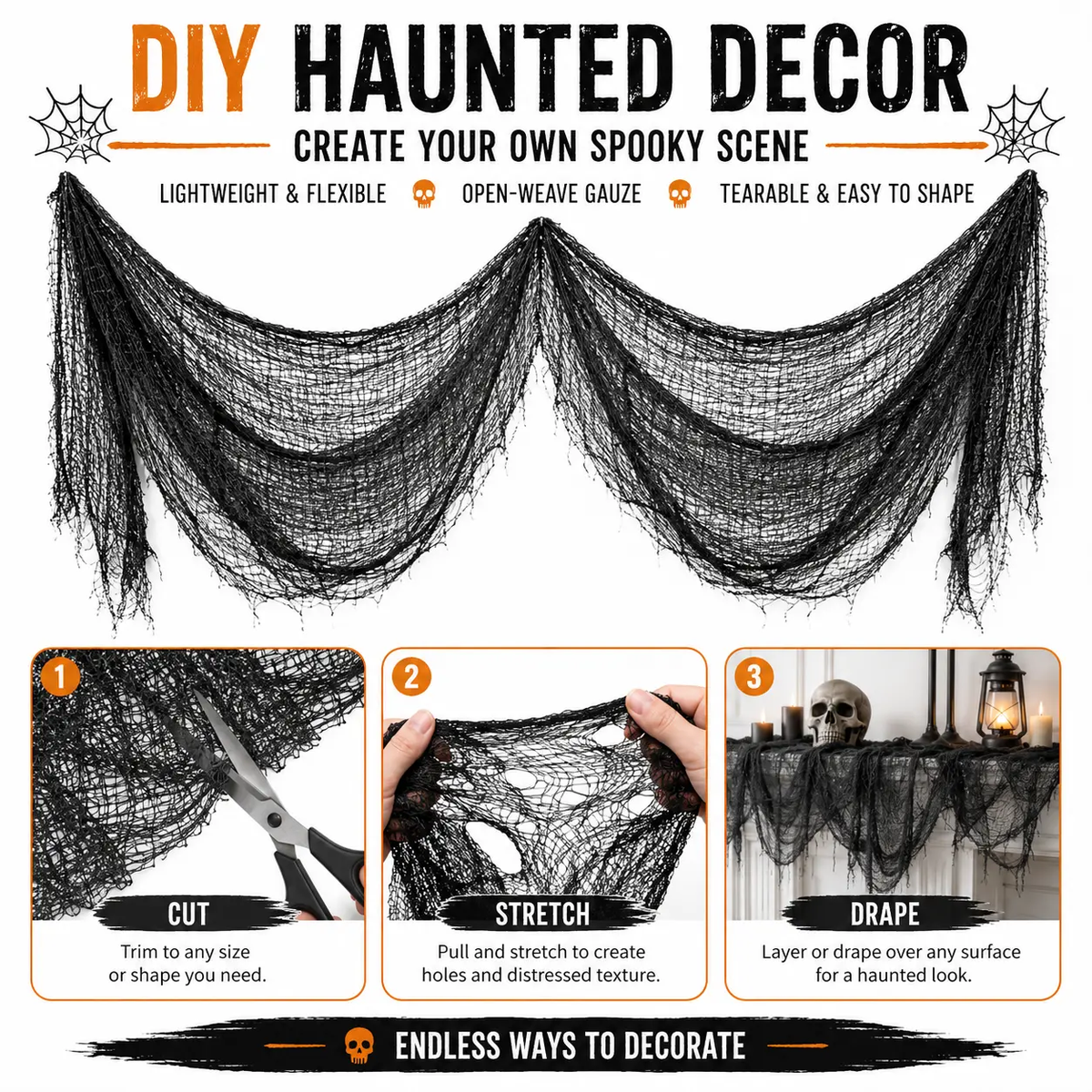 Halloween Gauze Spider Web Set, Indoor & Outdoor Halloween Themed Decorations