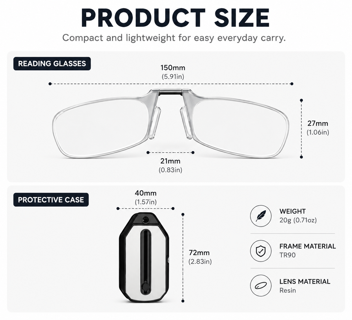 Nose Clip Reading Eyeglass - Minimalist Legless Flexible Design, Compact Fashion Keychain